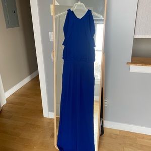 Royal blue halter neck tie back wide leg jumpsuit